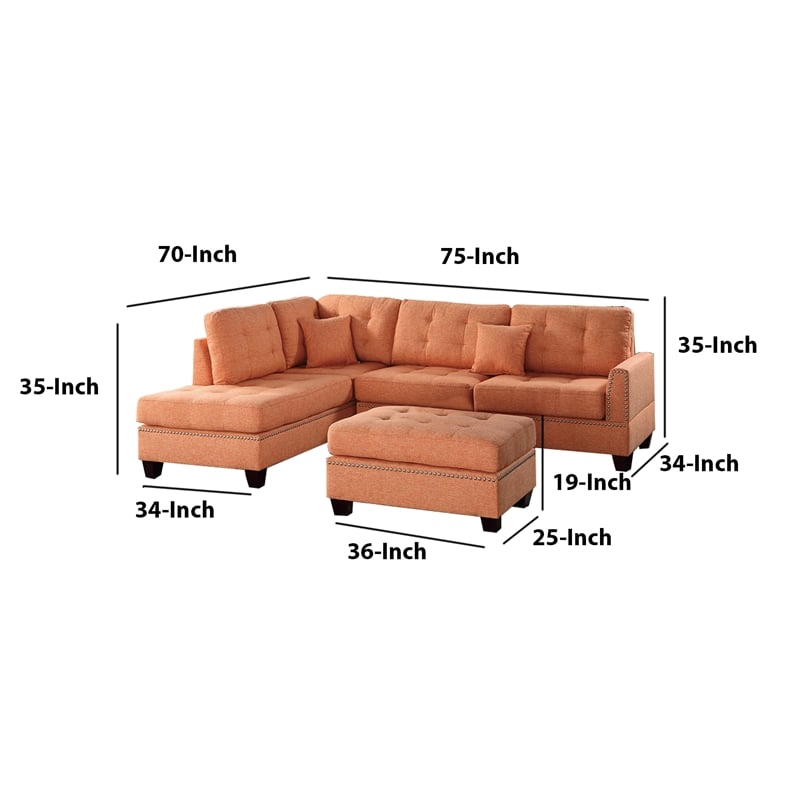 Benjara Polyfiber 3 Piece Sectional Set With Plush Cushion In Orange