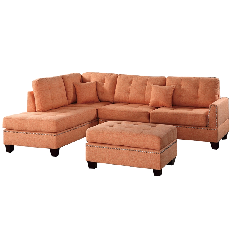 Benjara Polyfiber 3 Piece Sectional Set With Plush Cushion In Orange