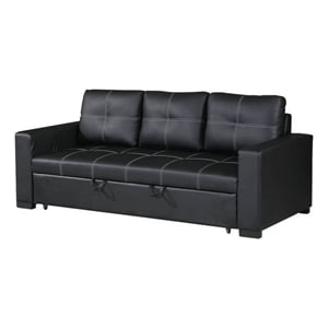Benjara 85&quot Convertible Sofa- Foam Cushions- Stitch Details- Black Faux Leather