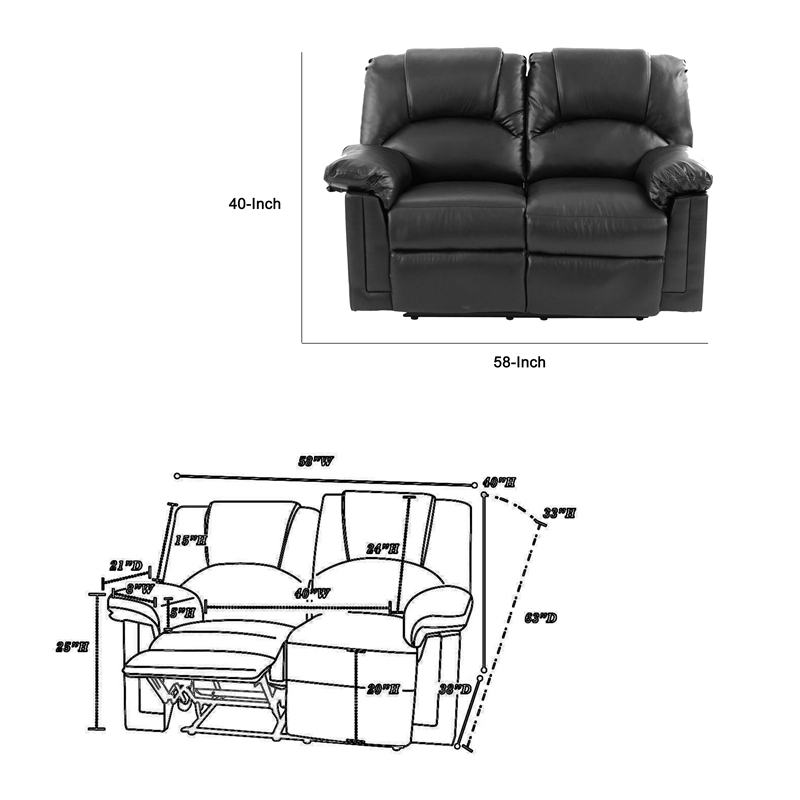 Benjara Bonded Leather Recliner Loveseat Black