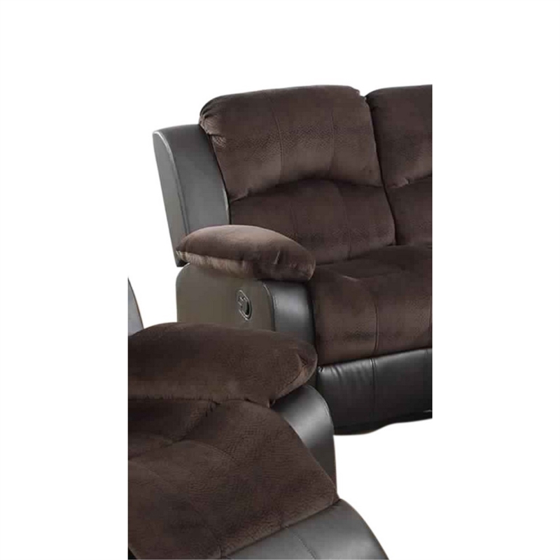Benjara Padded Suede Faux Leather Reclining Loveseat- Brown