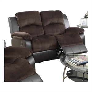 Benjara Padded Suede Faux Leather Reclining Loveseat- Brown