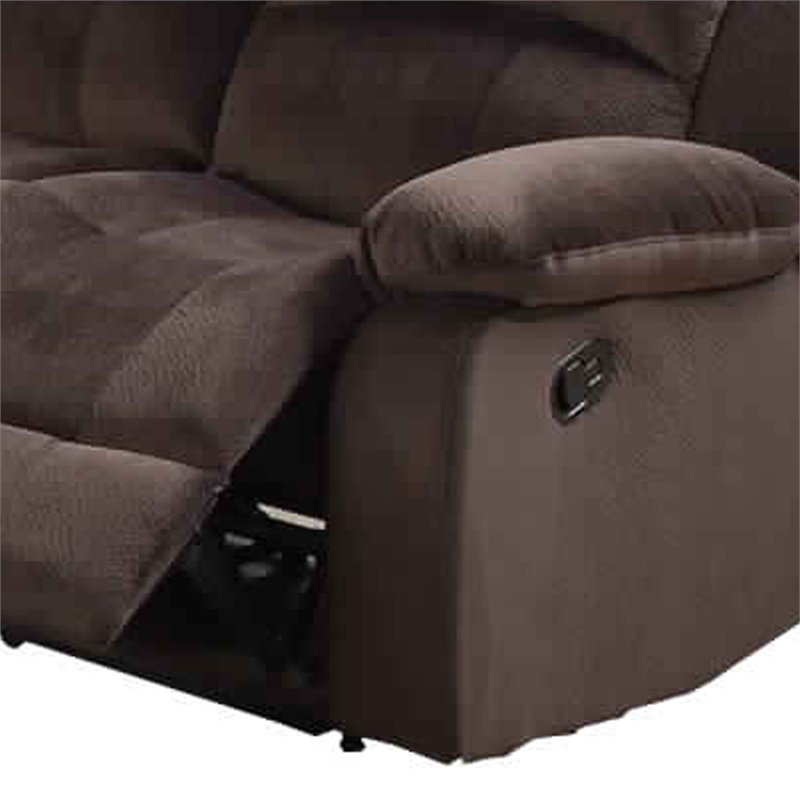 Benjara Plushy Solid Pine- Padded Suede & Plywood Reclining Sofa- Chocolate