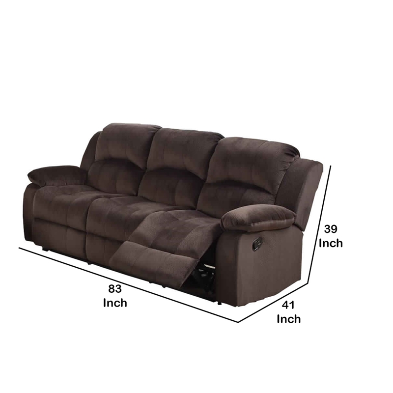 Benjara Plushy Solid Pine- Padded Suede & Plywood Reclining Sofa- Chocolate