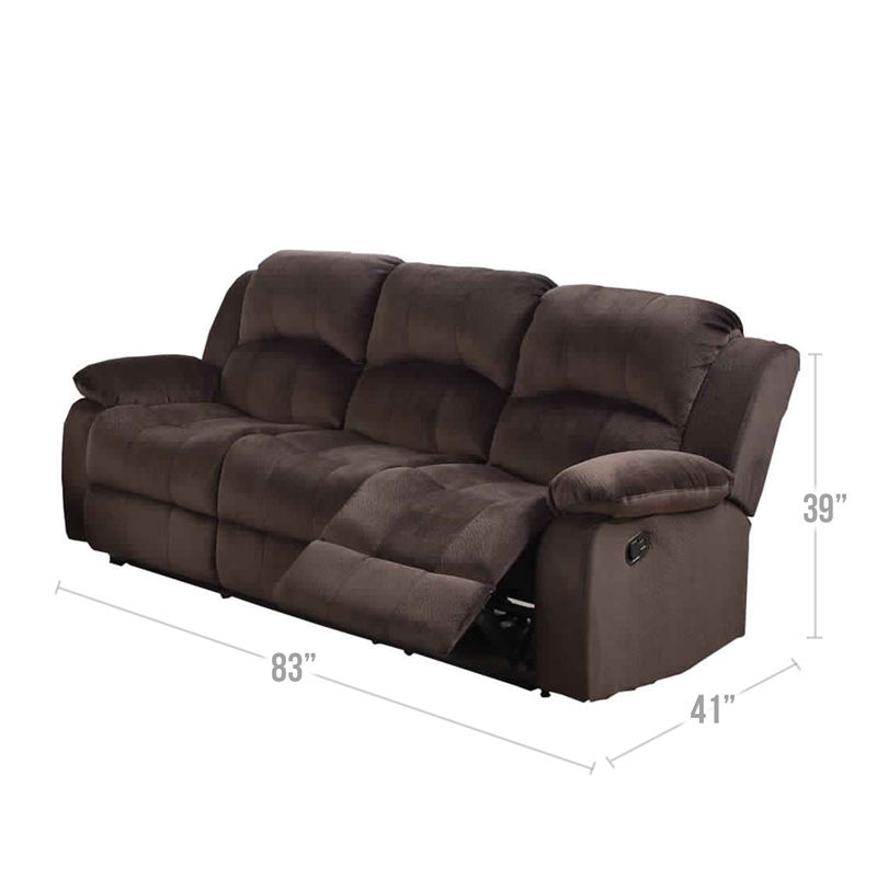 Benjara Plushy Solid Pine- Padded Suede & Plywood Reclining Sofa- Chocolate