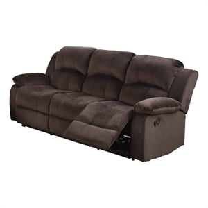 Benjara Plushy Solid Pine- Padded Suede & Plywood Reclining Sofa- Chocolate