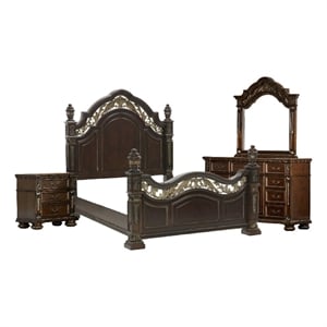 Benjara Lumi 4 Pc Queen Bedroom Set- Gold/Cherry Brown