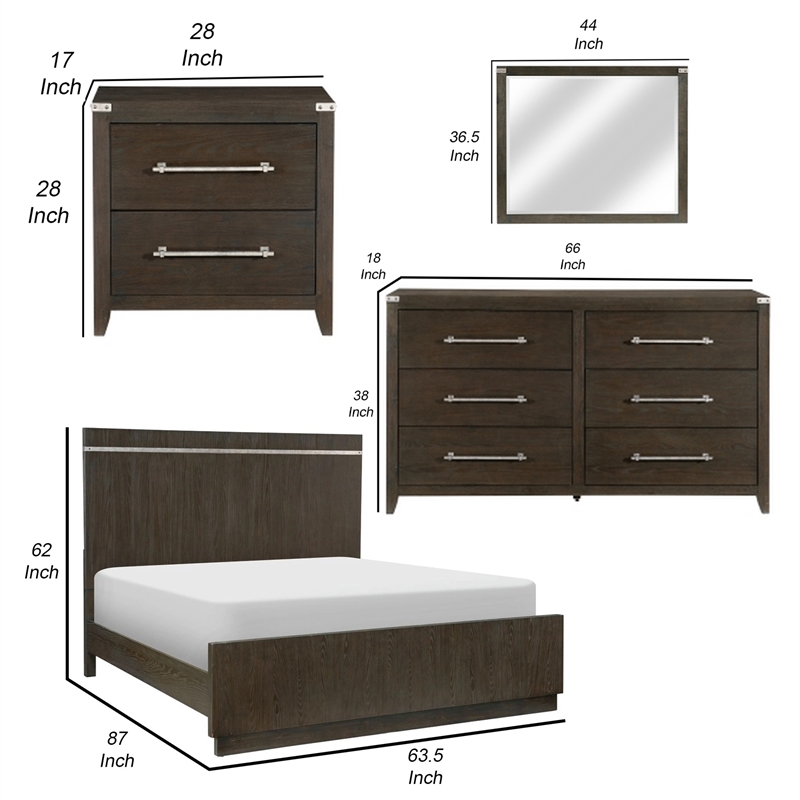 Benjara Bellamy 4 Pc Queen Size Bedroom Set- Silver/Ash Veneer/Dark Brown