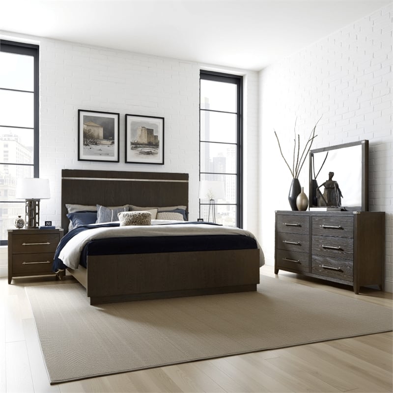 Benjara Bellamy 4 Pc Queen Size Bedroom Set- Silver/Ash Veneer/Dark Brown