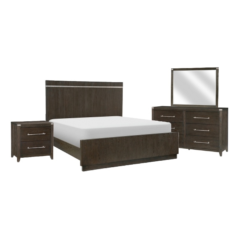 Benjara Bellamy 4 Pc Queen Size Bedroom Set- Silver/Ash Veneer/Dark Brown