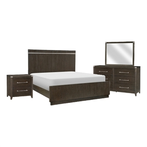 Benjara Bellamy 4 Pc Queen Size Bedroom Set- Silver/Ash Veneer/Dark Brown