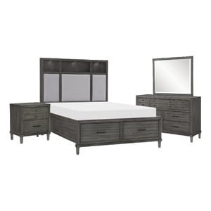 Benjara Celia 4 Pc Queen Size Storage Bedroom Set- LED-Lit- USB Ports- Warm Gray