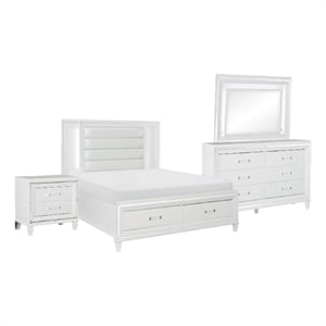 Benjara Rosa 4 Pc Queen Storage Bedroom Set-LED-Mirrored Accents-White Metallic