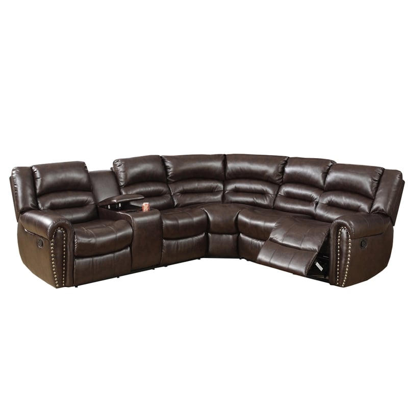 Benjara Bonded Leather 3 Piece Reclining Sectional- Brown