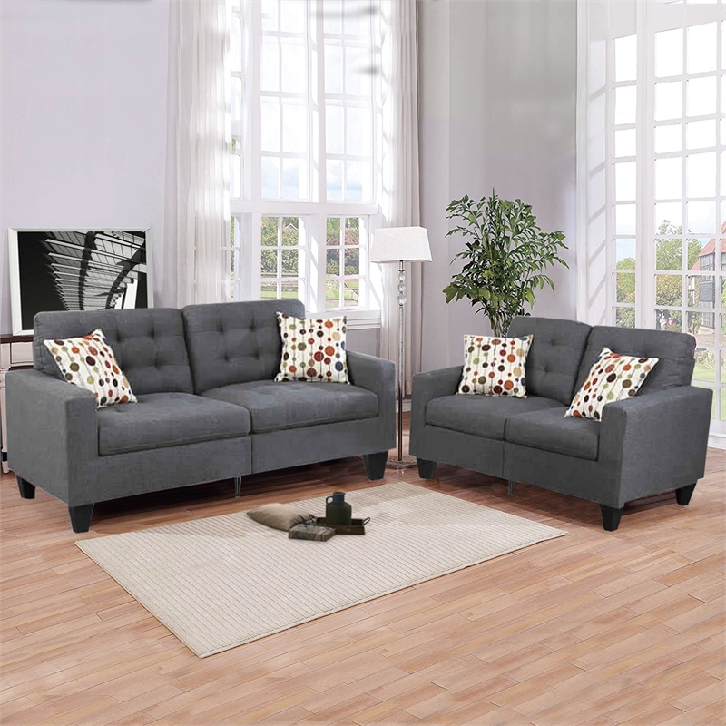 Benjara Linen Fabric 2 Pieces Sofa Set In Gray