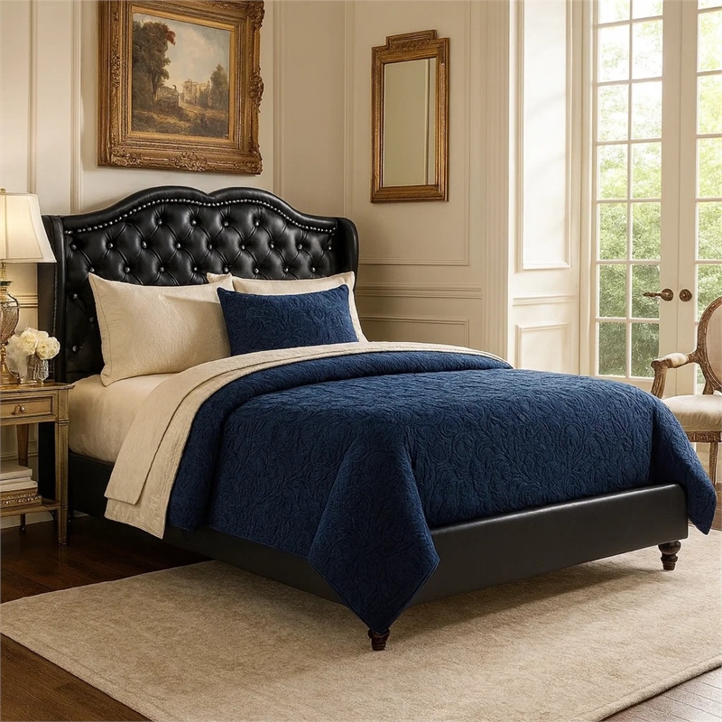 Benjara Magnificent Faux Leather Upholstered Queen Size Bed Black
