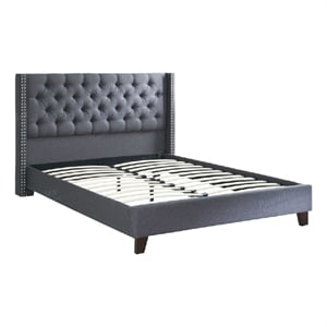 Benjara Polyfiber Upholstered Queen Size Bed Featuring Nail head Trim Blue Gray