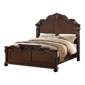 Benjara Splendidly Carved Queen Wooden Bed- Dark Walnut And Veneer Finish