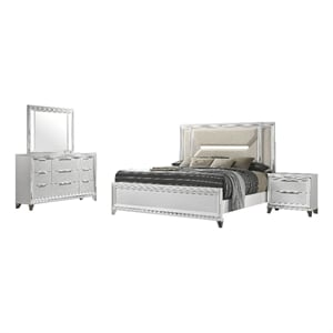 Benjara Mory 4pc Queen Bedroom Set- Herringbone Pattern- LED- White Wood