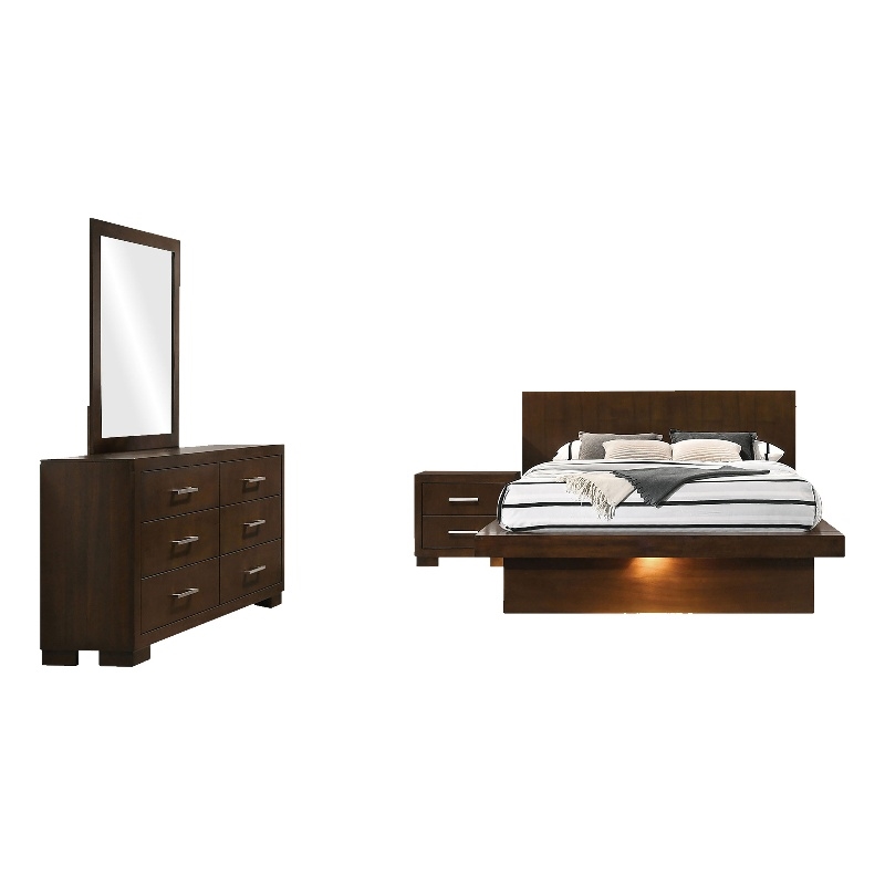 Benjara Bela 4 Piece Queen Bedroom Set- LED Underlight- Dark Brown Wood Finish