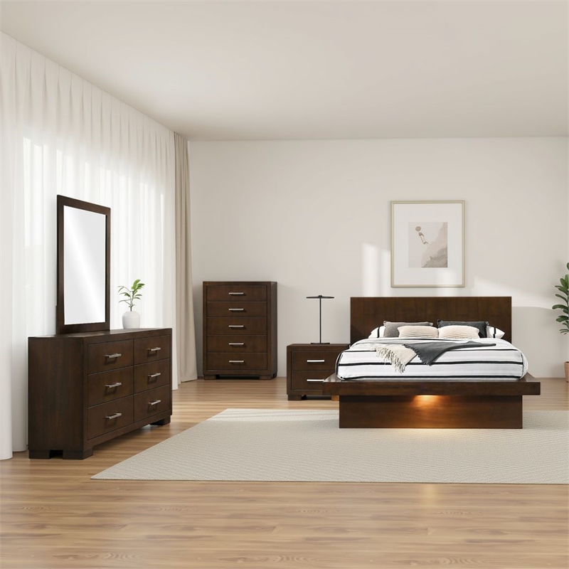 Benjara Bela 5 Piece Queen Bedroom Set- LED Underlight- Dark Brown Wood Finish