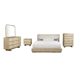 Benjara Lno 5pc Queen Bedroom Set- Resin Cane- Beige Oak- Beige Upholstery