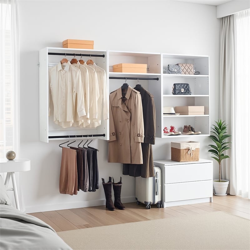 Benjara Vedz Walk in Closet w 2 Drawers- 5 Shelves- 3 Hanging Rods- White