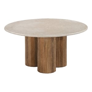 Benjara 27&quot Cid Den Coffee Table- Brown Wood- Round Botticino Marble Top