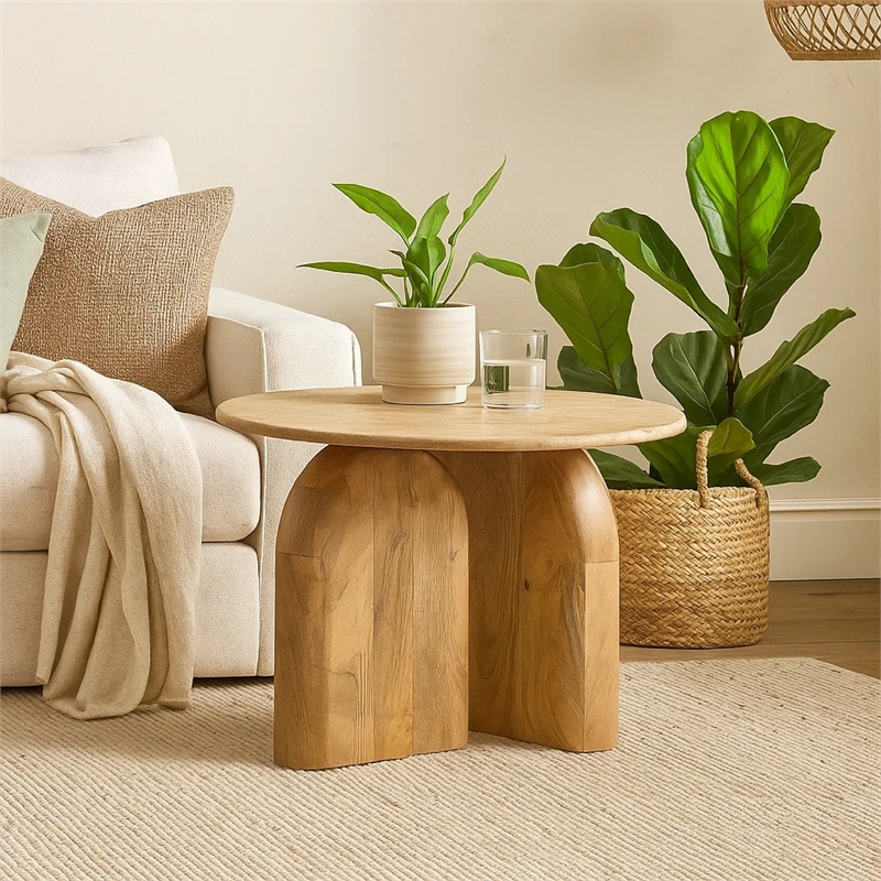 Benjara Cid Elis End Table- Beige Marble- Solid Wood Frame- Round 30