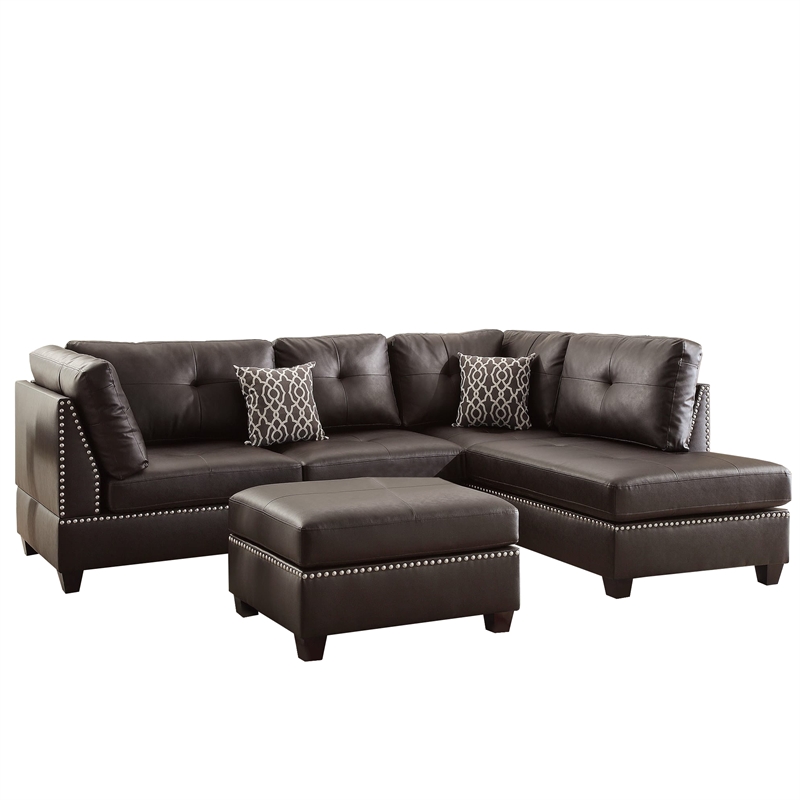 Benjara Plushed Bonded Leather 3 Pieces Sectional Set In Brown