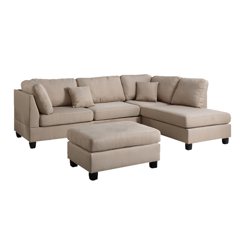 Benjara Linen Fabric 3 Pieces Sectional In Sand Beige