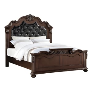 Benjara King Size Bed- Tufted Faux Leather Upholstery- Brown Baroque Style