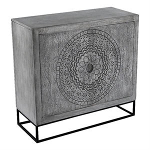 Benjara Zera 39&quot Accent Cabinet w/ 2 Doors in Gray Mango Wood/ Black Iron Framed