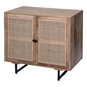 Benjara 35&quot Handcrafted Accent Cabinet w/ 2 Mesh Rattan Doors- Black/Brown