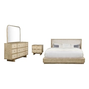 Benjara Lno 4pc Queen Bedroom Set- Resin Cane- Beige Wood- Beige Upholstery