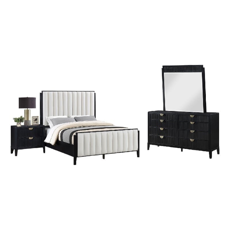 Benjara Jack 4pc Queen Bedroom Set- Black/Vertical Tufted Ivory Upholstery