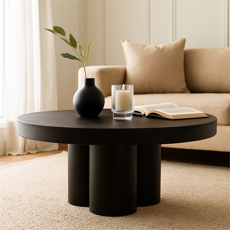 Benjara Cid Run Coffee Table- Abstract Black Concrete Base- Round 30