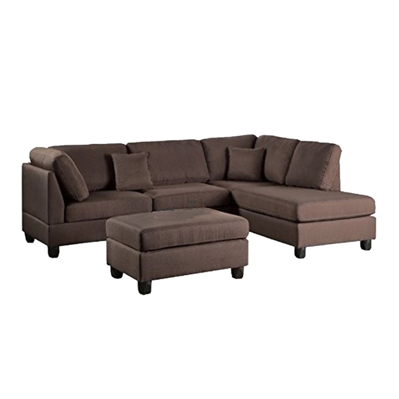 Benjara Linen Fabric 3 Pieces Sectional In Chocolate Brown