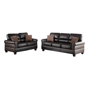 Benjara 2 Pc Sofa and Loveseat Set- Espresso Brown Faux Leather- Nailhead Trim