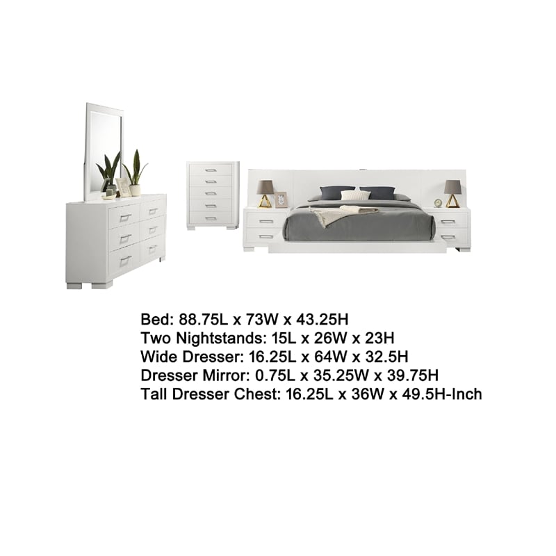 Benjara Bela 6 Piece Queen Bedroom Set- LED Lit Bedframe- Snow White Wood