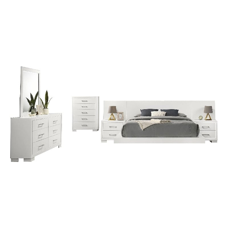 Benjara Bela 6 Piece Queen Bedroom Set- LED Lit Bedframe- Snow White Wood