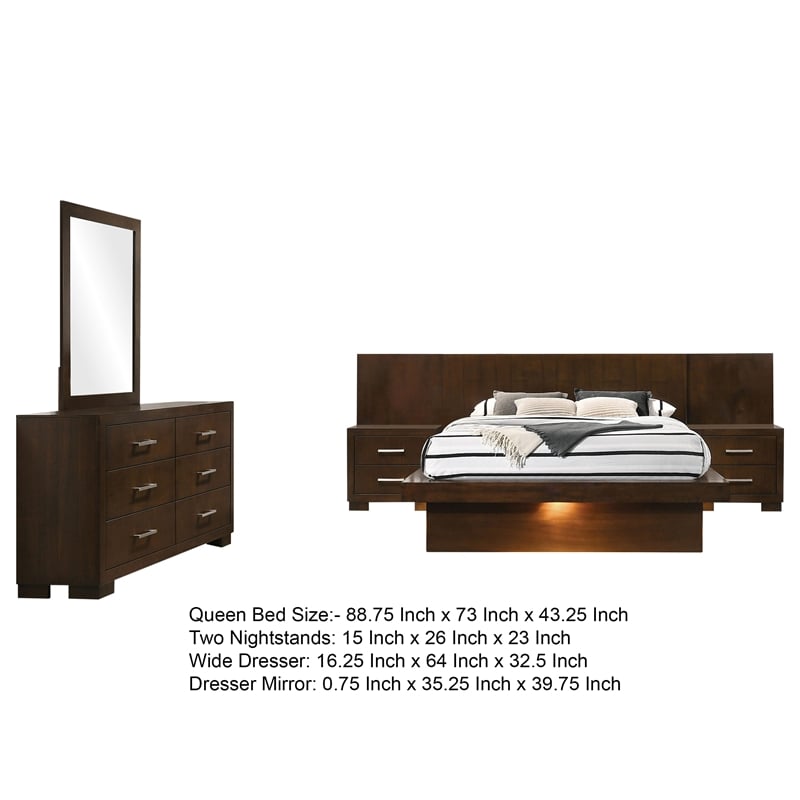 Benjara Bela 5 Piece Wall Panel Queen Bedroom Set- LED- Dark Brown