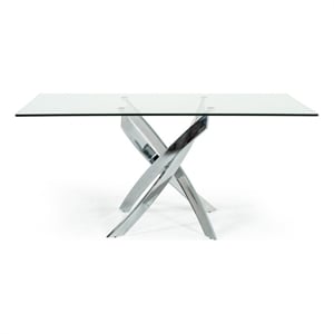 Benjara Metal & Glass Rectangular Dining Table w/ Entwining Legs- Silver & Clear