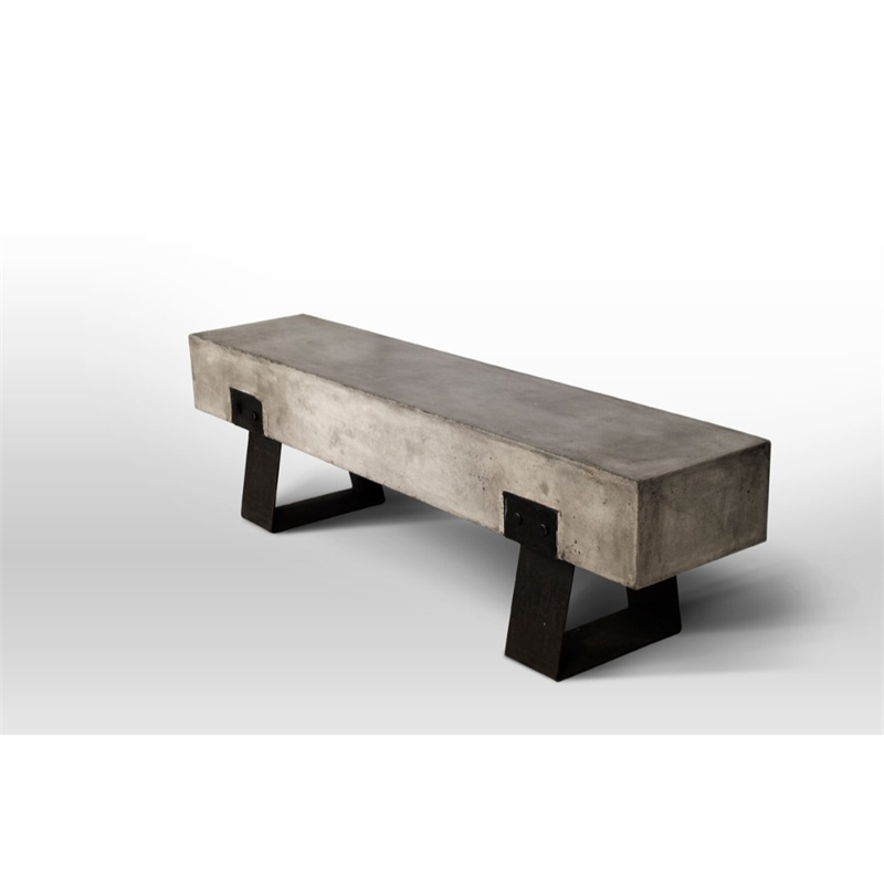 Benjara Metal & Fiber Reinforced Concrete Bench w/ Sled Style Legs- Gray & Black