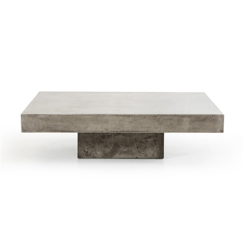 Benjara Square Concrete Coffee Table with Pedestal Base- Gray