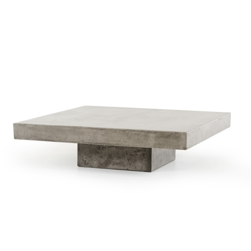 Benjara Square Concrete Coffee Table with Pedestal Base- Gray