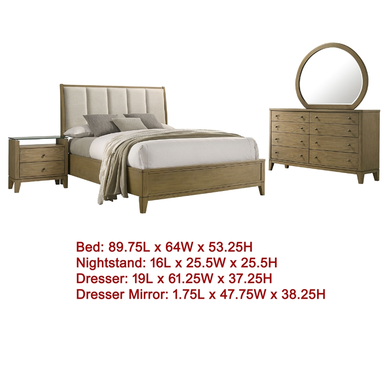 Benjara Heon 4pc Queen Bedroom Set- Beige Tufted Headboard- Natural Brown