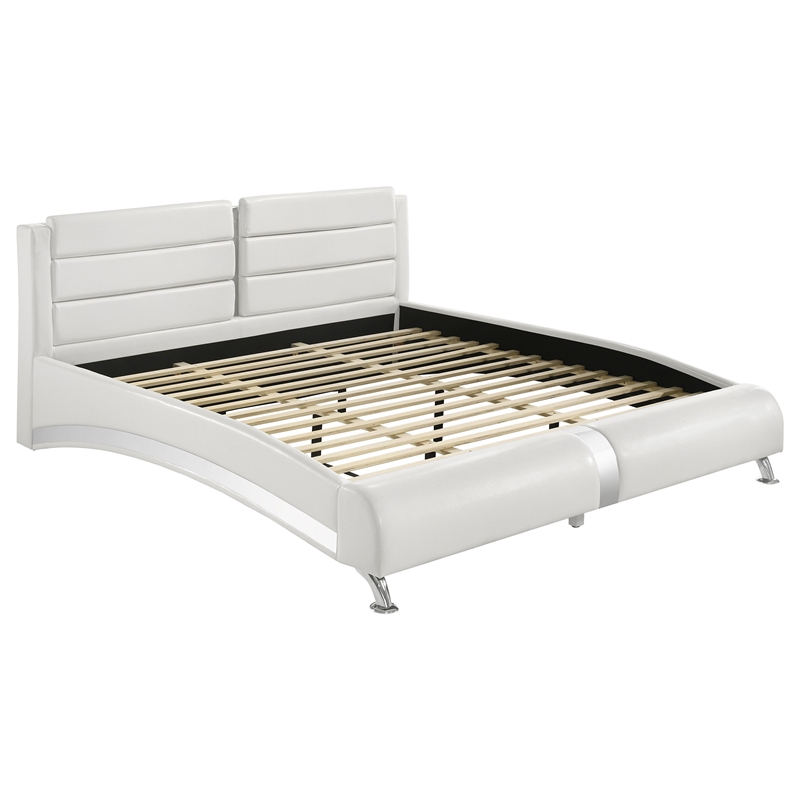 Benjara Zor 5pc King Size Bedroom Set- White Faux Leather and LED Mirror