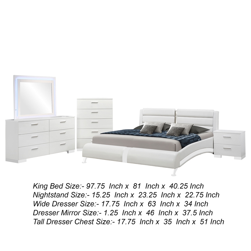 Benjara Zor 5pc King Size Bedroom Set- White Faux Leather and LED Mirror