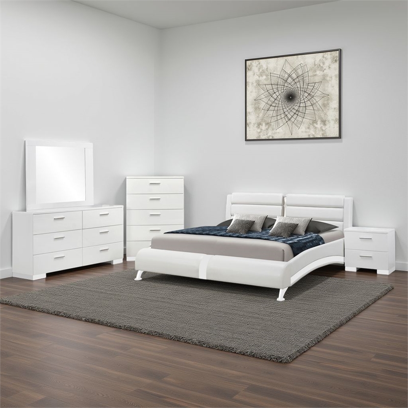 Benjara Zor 5pc King Size Bedroom Set- White Faux Leather and LED Mirror